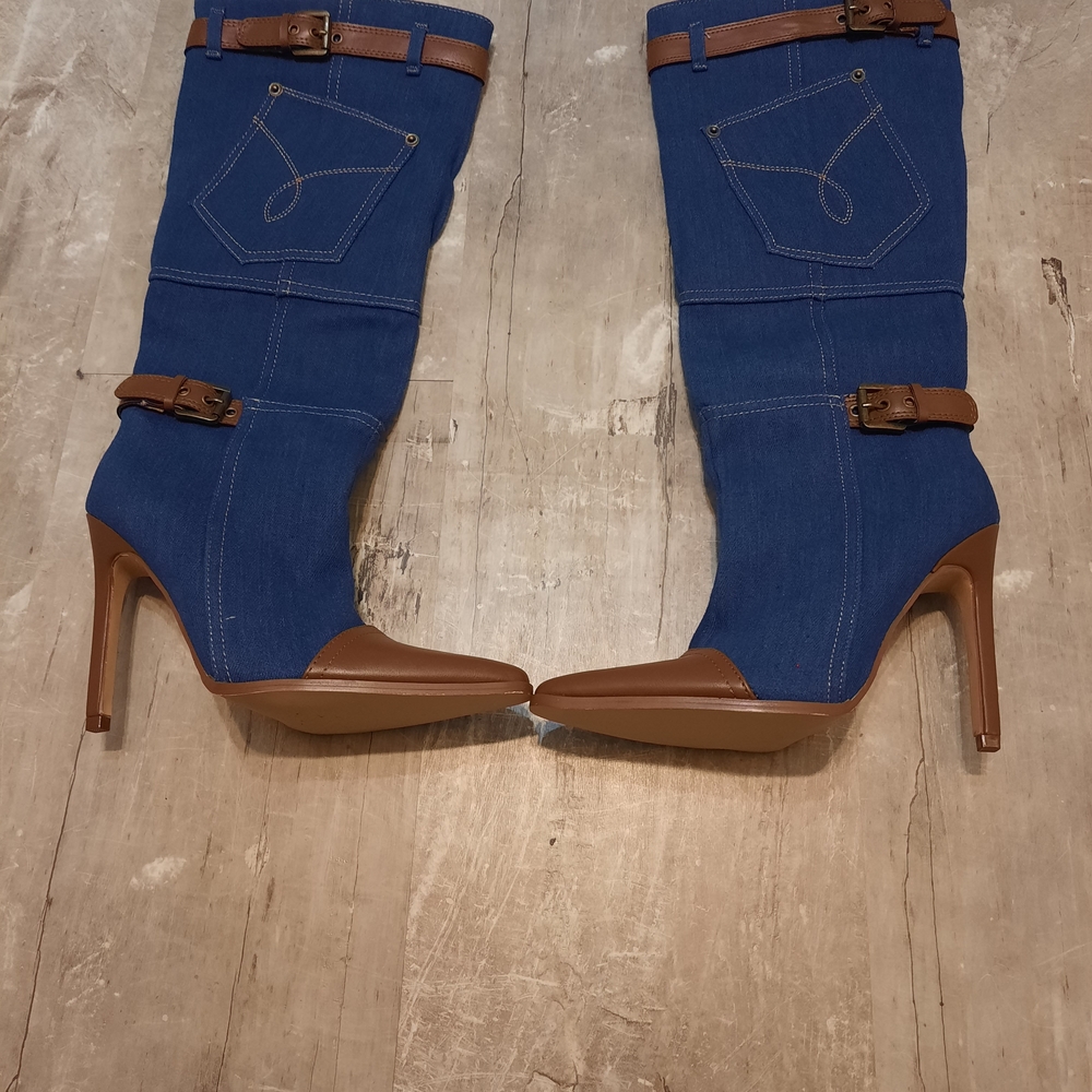 Brown and Blue Knee-High Stiletto Boots
